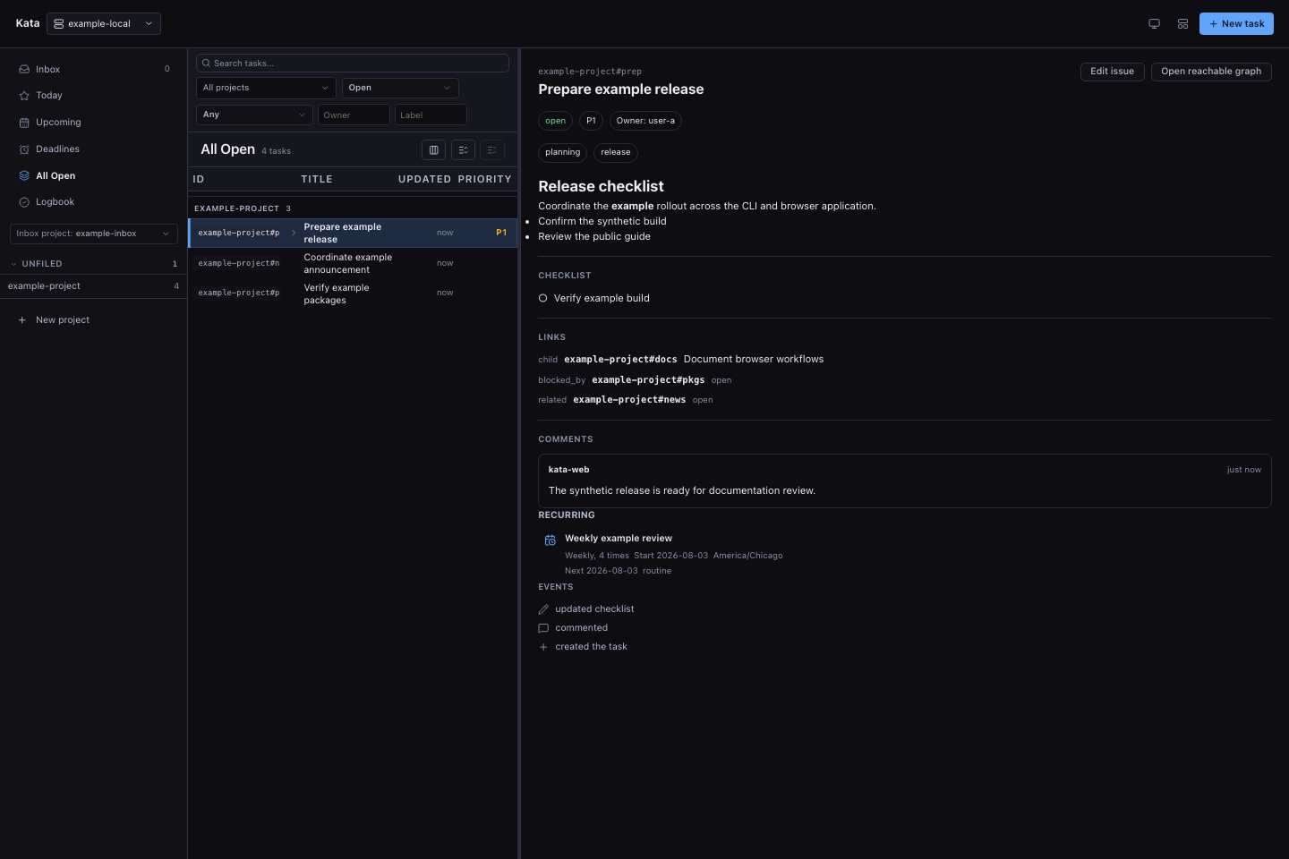 Kata Web UI issue detail with Markdown, properties, recurrence, links, checklist, and comment